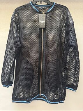 Women's Black Mesh Swim Cover-Up Jacket with Blue Trim